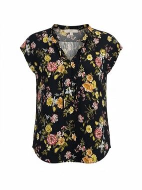 LOFT Black Floral V-Neck Cap Sleeve Blouse
